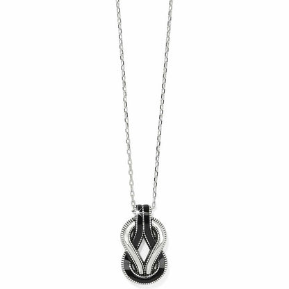Brighton pendant necklace with silver-plated chain, black enamel accents, and interwoven loop design on a white background