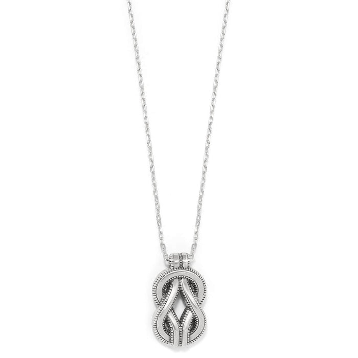 Brighton pendant necklace with silver-plated interwoven knot design and textured detailing on a white background