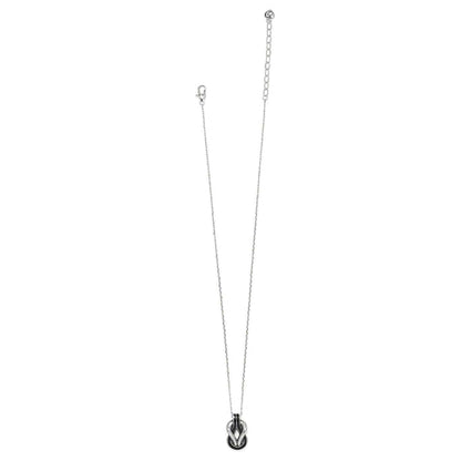 Brighton pendant necklace with silver-plated chain and black enamel knot pendant with silver accents on a white background