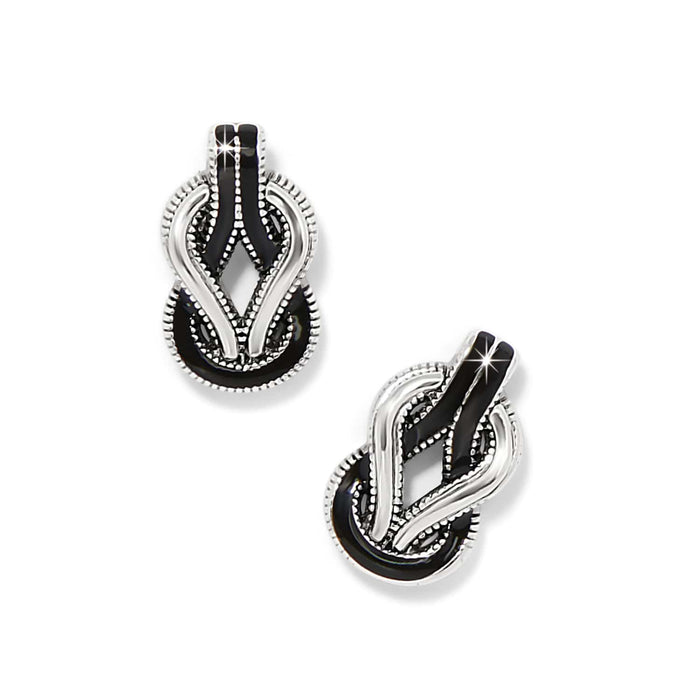 Brighton earrings with black enamel knot design and silver-plated beaded accents on a white background
