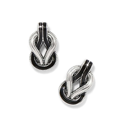 Brighton earrings with black enamel knot design and silver-plated beaded accents on a white background