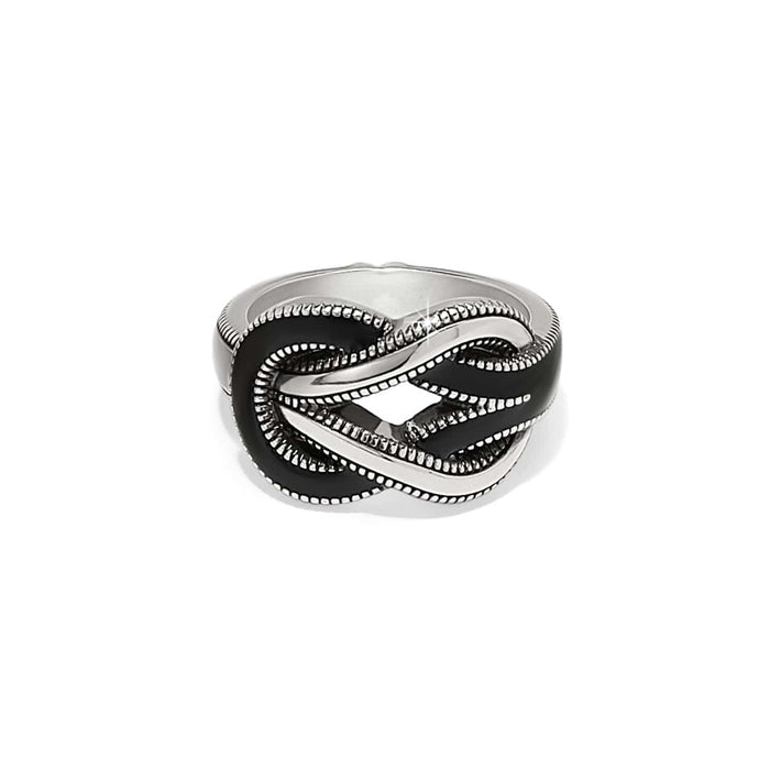 Brighton silver-plated ring with black enamel interlocking knot design and beaded rope detailing on a white background