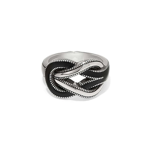 Brighton silver-plated ring with black enamel interlocking knot design and beaded rope detailing on a white background