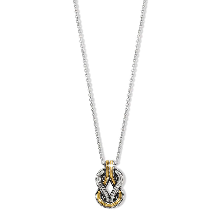Brighton pendant necklace with two-tone interlocking knot design and beaded detail on a white background