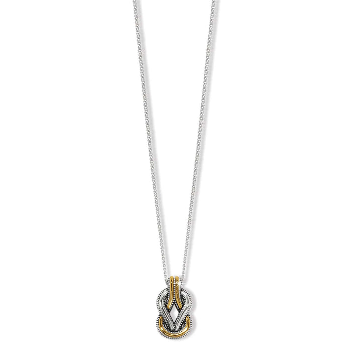 Brighton pendant necklace with two-tone silver and gold interlocking knot design on a white background