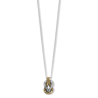 Brighton pendant necklace with two-tone silver and gold interlocking knot design on a white background