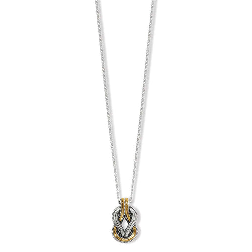 Brighton pendant necklace with two-tone silver and gold interlocking knot design on a white background