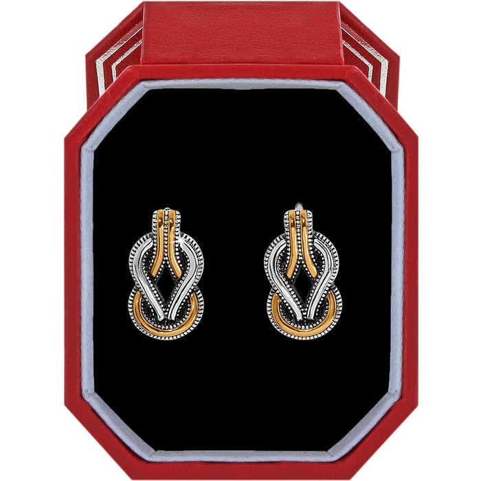 Brighton two-tone knot earrings with silver and gold interwoven design displayed in a red gift box
