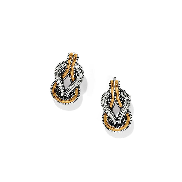 Brighton earrings with two-tone silver and gold interlocking knot design and textured beaded edges on a white background