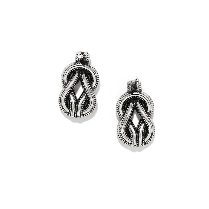 Brighton earrings with two-tone knotted openwork design and beaded edge detailing on a white background