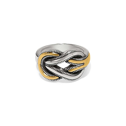 Brighton ring with two-tone silver and gold interlocking knot design and textured rope detail on a white background