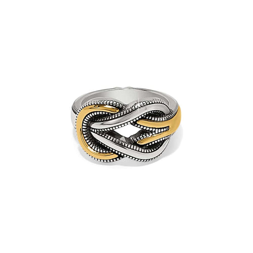 Brighton ring with two-tone silver and gold interlocking knot design and textured rope detail on a white background