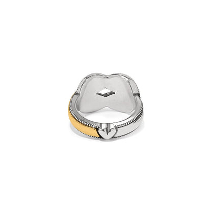 Brighton ring shown from the back with two-tone silver and gold finish and cutout detail on a white background