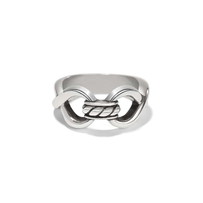 Brighton ring with silver-plated interlocking link design and twisted rope center detail on a white background