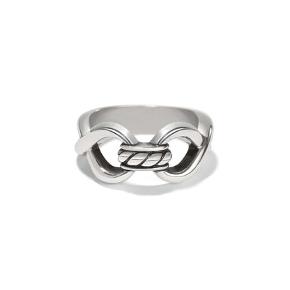 Brighton ring with silver-plated interlocking link design and twisted rope center detail on a white background