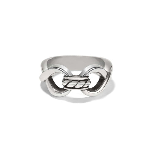 Brighton ring with silver-plated interlocking link design and twisted rope center detail on a white background