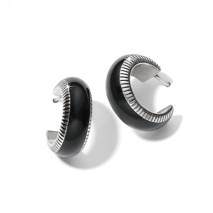 Brighton hoop earrings with black enamel and silver-plated ribbed edge detailing on a white background