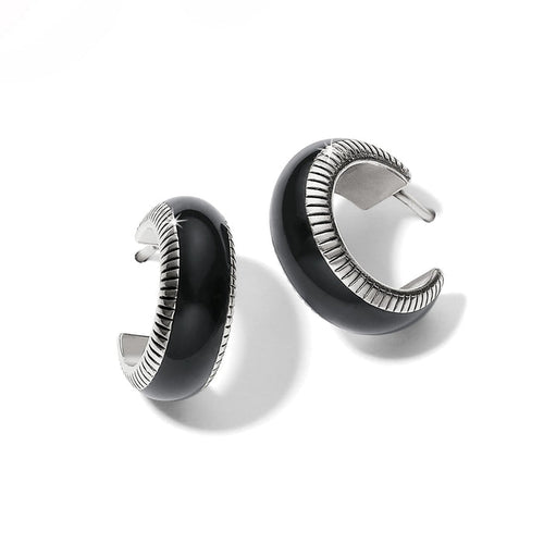 Brighton hoop earrings with black enamel and silver-plated ribbed edge detailing on a white background