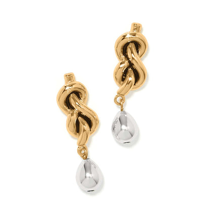 Brighton drop earrings with two-tone gold knot design and silver teardrop accents on a white background