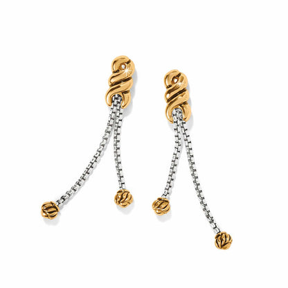 Brighton drop earrings with gold-tone twisted knots and silver-tone chains ending in gold-tone beads on a white background