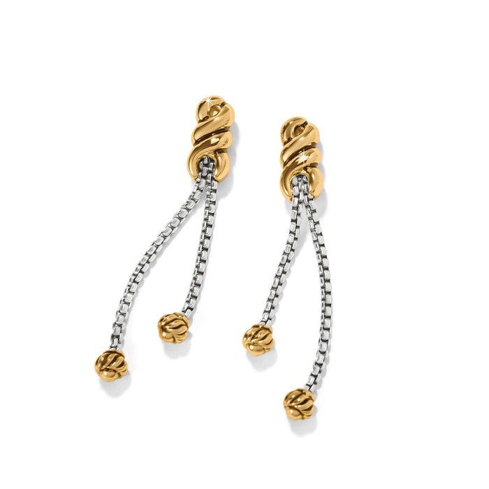 Brighton drop earrings with two-tone gold swirl tops and silver chains ending in gold knots on a white background