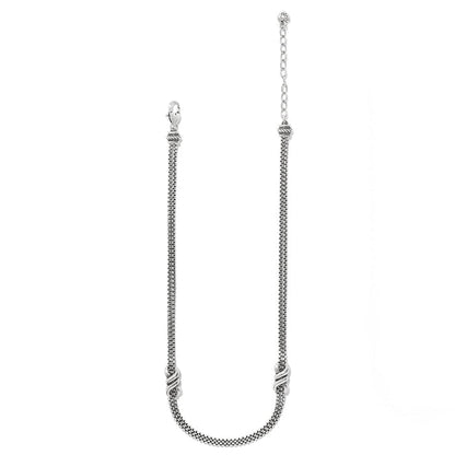 Brighton silver-plated necklace with double box chain strands and twisted rope station accents on a white background