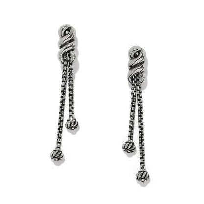 Brighton drop earrings with silver-plated twisted knot tops and dual dangling chains with beaded ends on a white background