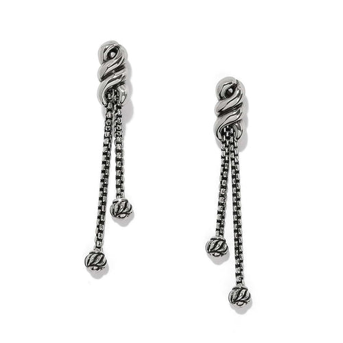Brighton drop earrings with silver-plated twisted knot tops and dual dangling chains with beaded ends on a white background
