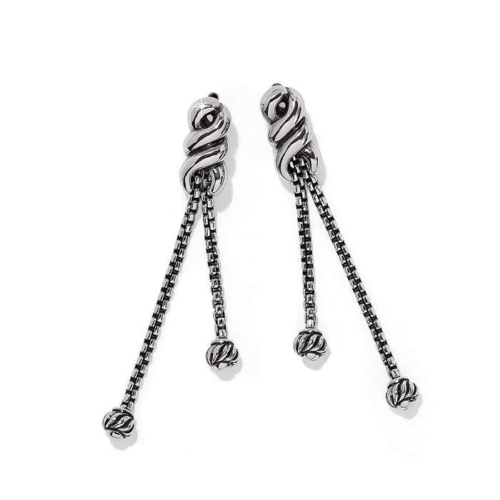 Brighton drop earrings with silver-plated twisted knot tops and dangling double chains with beaded ends on a white background