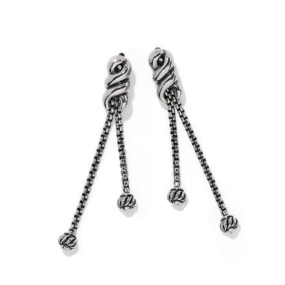 Brighton drop earrings with silver-plated twisted knot tops and dangling double chains with beaded ends on a white background