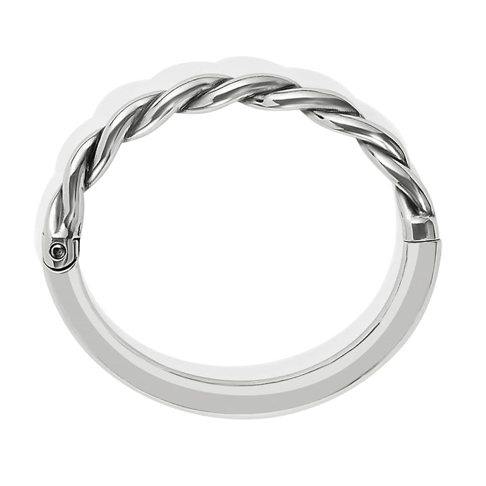 Brighton hinged bangle bracelet shown from the side with silver-plated twisted rope design on a white background