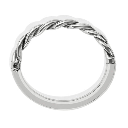Brighton hinged bangle bracelet shown from the side with silver-plated twisted rope design on a white background