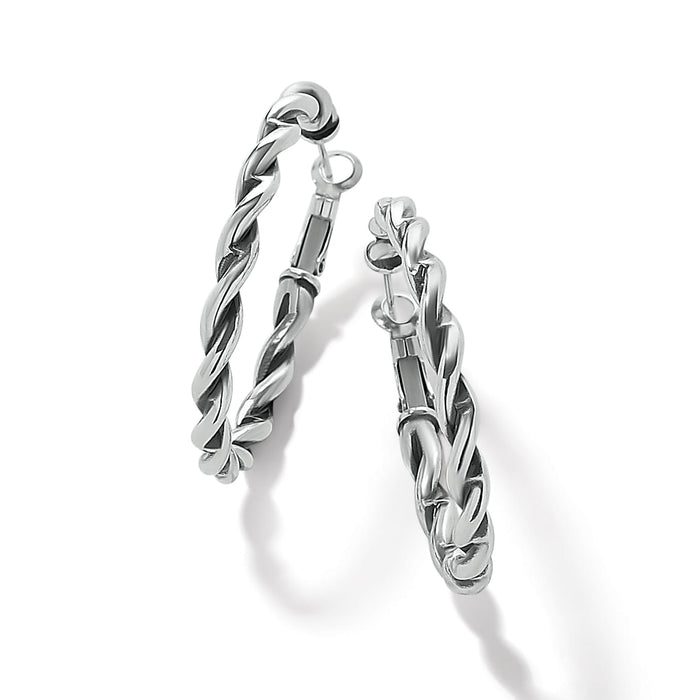 Brighton hoop earrings with twisted rope design and silver-plated finish on a white background