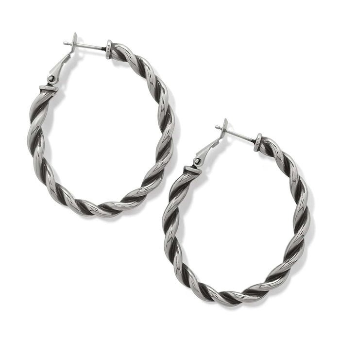 Brighton hoop earrings with silver-plated twisted rope design and hinged closures on a white background