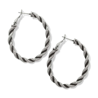 Brighton hoop earrings with silver-plated twisted rope design and hinged closures on a white background