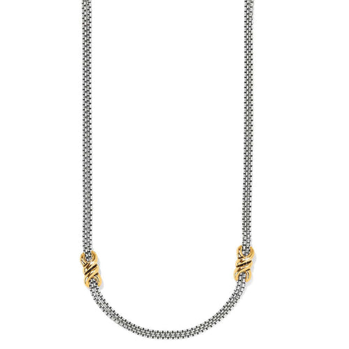 Brighton necklace with silver-tone double chain and two gold-tone wrapped knot accents on a white background
