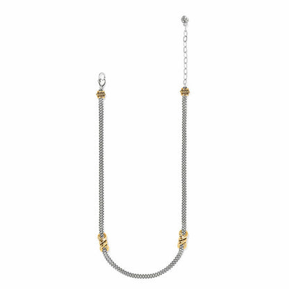 Brighton necklace with silver-tone box chain and two-tone gold wrapped accent stations on a white background