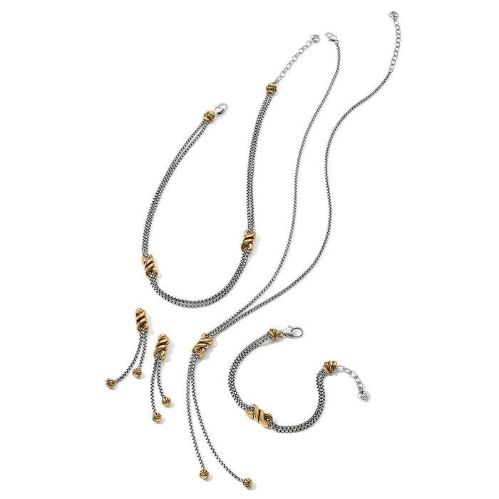 Brighton two-tone jewelry set with silver box chain necklaces, bracelet, and earrings with gold knot accents on a white background