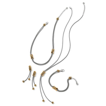 Brighton two-tone jewelry set with silver box chain necklaces, bracelet, and earrings with gold knot accents on a white background