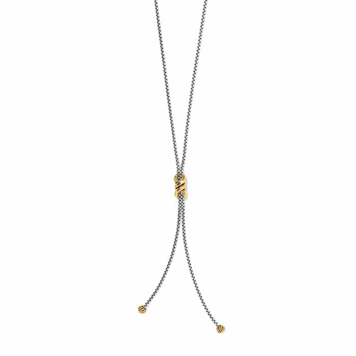Brighton lariat necklace with two-tone box chain and gold-tone X wrap knot centerpiece on a white background