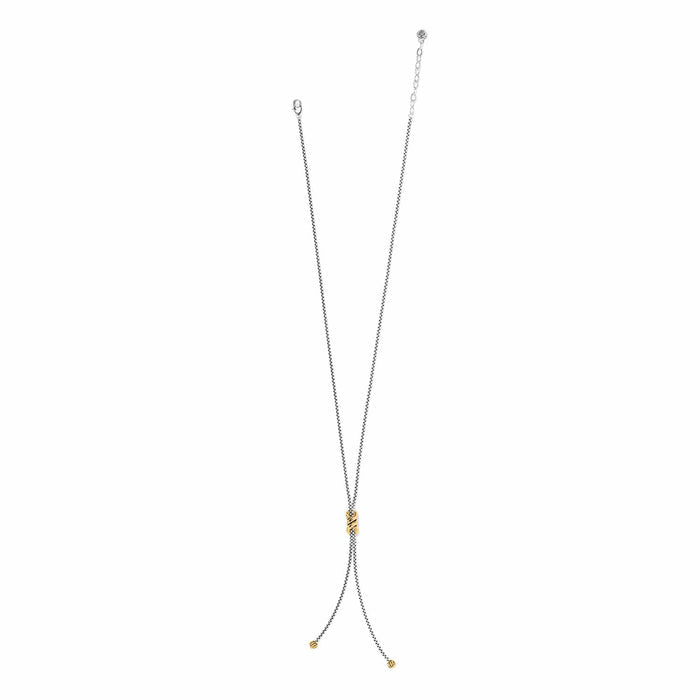Brighton lariat necklace with two-tone silver chain, gold accent beads, and adjustable clasp on a white background
