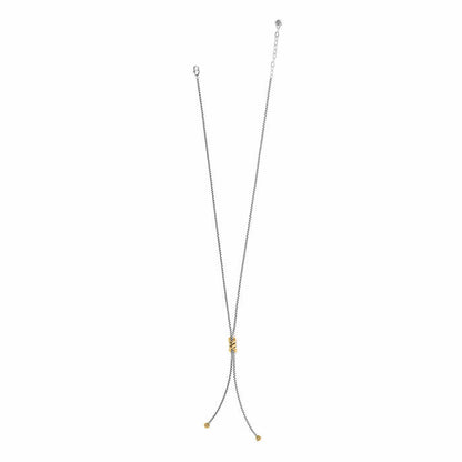 Brighton lariat necklace with two-tone silver chain, gold accent beads, and adjustable clasp on a white background