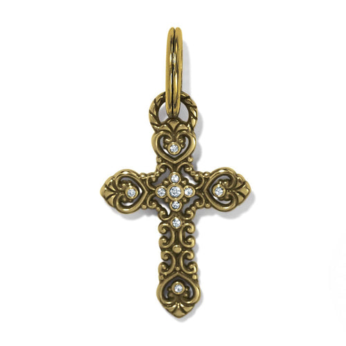 Brighton cross pendant charm in gold-plated finish with ornate scrollwork and crystal accents on a white background