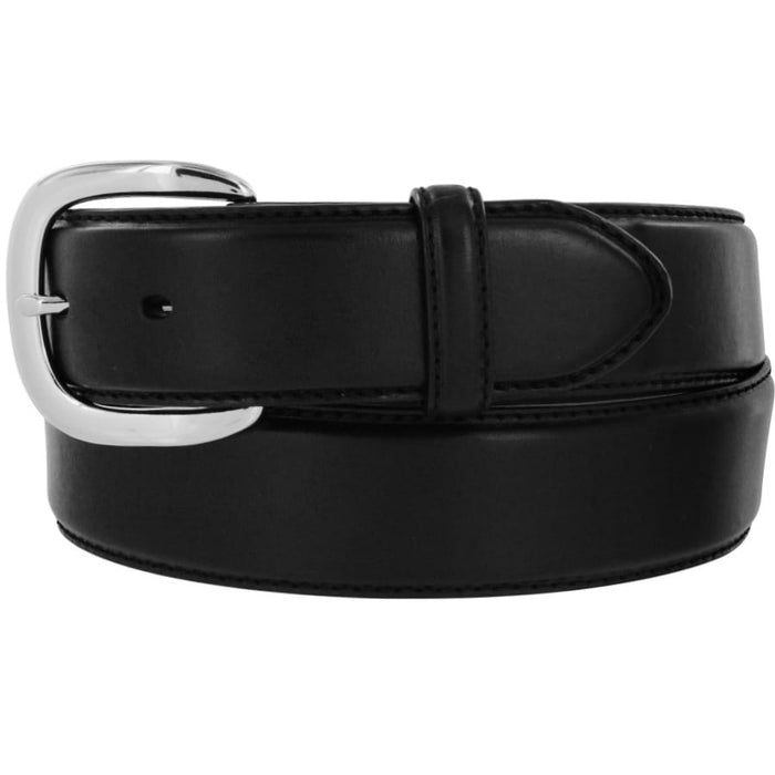 Brighton black leather belt with silver-tone rounded buckle and stitched keeper loop on a white background