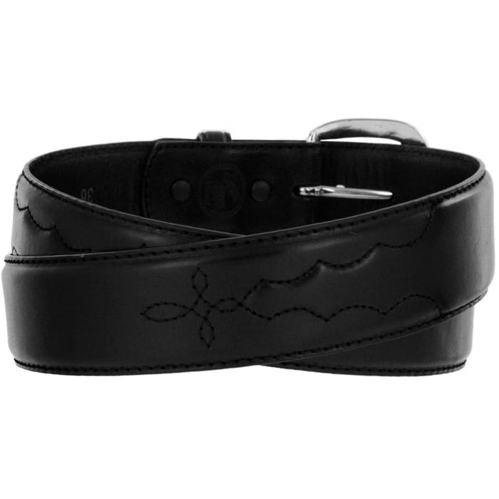 Brighton black leather belt with decorative stitching pattern and silver-tone buckle, coiled on a white background