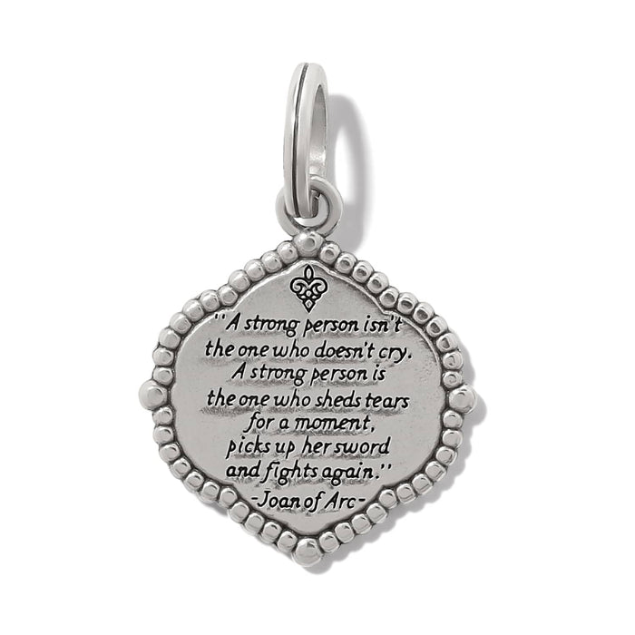 Brighton pendant charm with engraved Joan of Arc quote and beaded silver-tone border on a white background
