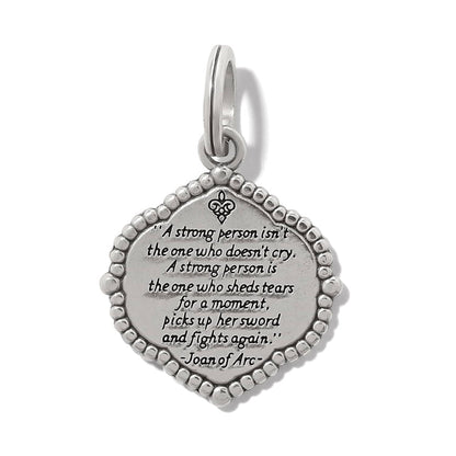 Brighton pendant charm with engraved Joan of Arc quote and beaded silver-tone border on a white background