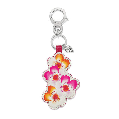 Brighton leather bag charm with pink and orange floral print, silver-tone clasp, and heart charm on a white background