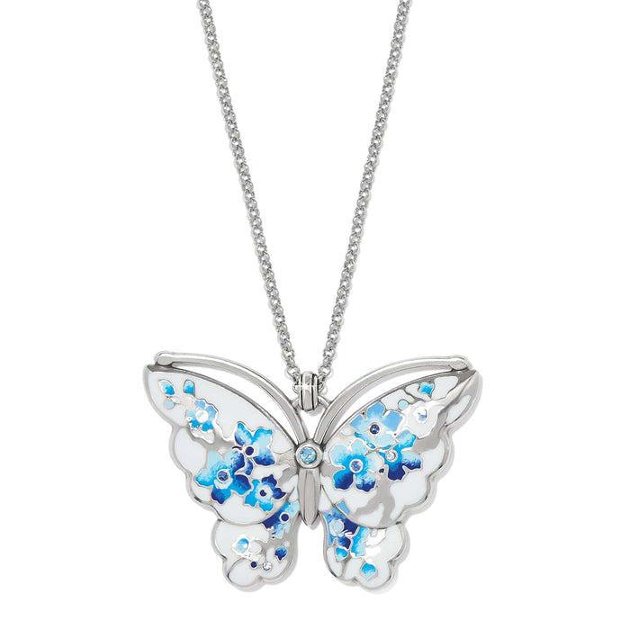Brighton pendant necklace with silver-plated butterfly featuring blue and white enamel flowers and crystal accents on a white background