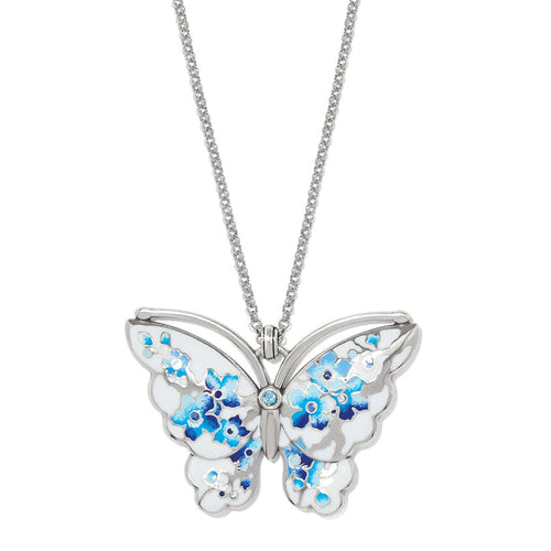 Brighton pendant necklace with silver-plated butterfly featuring blue and white enamel flowers and crystal accents on a white background